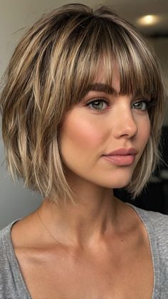 Flaunt Your Look with Loose Waves with Blunt Bangs prom hairstyles medium length bangs ✨ Above Shoulder Hair With Bangs, Short Mom Haircut With Bangs, Medium Length Hair Styles With Bangs, Medium Length Layered Hair With Bangs, Hairstyles For Medium Length Hair With Bangs, Bangstyle Hair Medium, Shoulder Length Haircut With Bangs, Medium Length Bangs, Medium Bob With Bangs