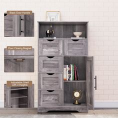 a bookcase with drawers and other items on it in front of a white brick wall