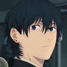 an anime character with black hair and blue eyes looking at something in the distance behind him