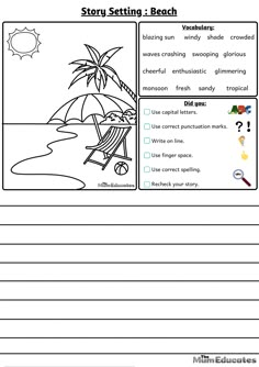 the story setting worksheet for reading and writing about the beach with pictures on it