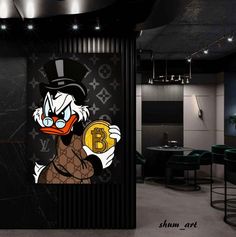 a cartoon character holding a bit coin in front of a black and white wall with louis vuitton on it