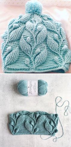 two pictures with yarn and knitting needles on them, one is blue and the other has green