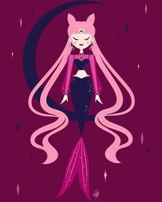 a cartoon character with long hair wearing a pink and black dress, standing in front of a crescent