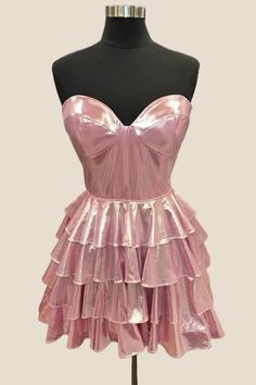 Pink Metallic Ruffle Short Homecoming Dress Short Princess Dress, Ruffles Skirt, Ruffle Prom Dress, Winter Formal Dresses, A Line Shorts, Pink Metallic, Short Homecoming Dress, Sweet 16 Dresses, Short Bridesmaid Dresses