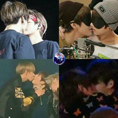 four different images of the same person kissing each other and one is wearing a beanie