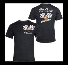 a black t - shirt with the words pit crew and checkered flags on it