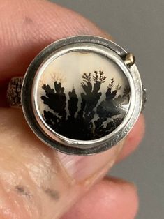 Tree Agate Ring Beautiful, round, black nature scene Dendritic Agate gemstone, bezel set with 14 Kt Gold embellishment on a many layered, torch fired, Sterling Silver, domed ring band.  Ring band is torch textured, one of a kind, smooth and comfortable.  The most expensive and sought-after dendritic agates will showcase a crisp and gorgeous tree branch, clear nature scene, or complete landscape portrait or resemble a feathery fern, a tree branch or cool underwater coral fan. Also known as a Tree Soft Soldering, Black Nature, Landscape Portrait, Tree Agate, Gold Embellishment, Jewelry Care Instructions, Dendritic Agate, Agate Ring, Domed Ring