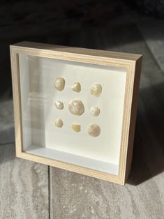 a wooden frame with shells in it sitting on the floor next to a white wall