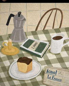 a painting of a table with coffee, cake and an open book next to it