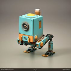 a blue and yellow robot is standing in front of a gray background with an object on it's head