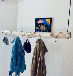 three coats hanging from hooks on a white wall