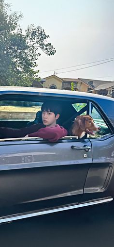 a boy and his dog are sitting in the back seat of a blue mustang car