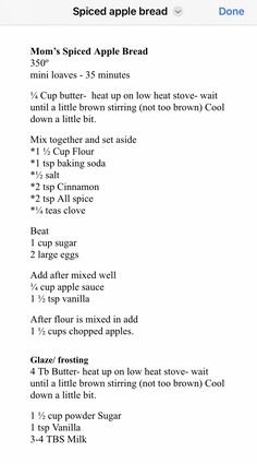 the recipe for apple bread is shown on an iphone screen, with instructions to make it