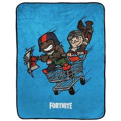 an image of two people riding in a shopping cart with the words fortnite on it