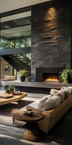 a modern living room with fireplace and couches