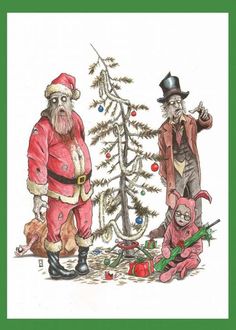 the walking dead christmas card has been drawn by santa claus and an old man standing next to a christmas tree