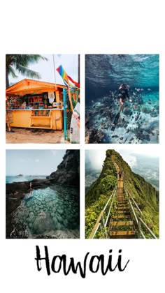 four pictures with the words hawaii in black and white, above them are photos of people swimming