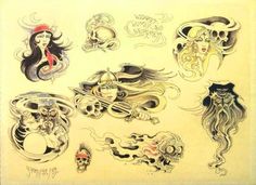 an old school tattoo design with skulls and mermaids