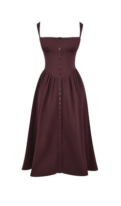 RICH BROWN MIDI SUNDRESSThe RICH BROWN MIDI SUNDRESS is a soft and feminine dress with a vintage feel. It is beautifully cut from stretch cotton, ensuring a comfortable fit. The sweetheart neckline features a shaped bust, and the dress is fitted with incredible corsetry boning to accentuate the waist and create an amazing silhouette.One unique feature of this dress is the pretty lace-up back and buttoned front, allowing you to adjust the dress to your liking. Additionally, the dress is equipped Brown Button Up Outfit, Autumn Wedding Guest Dress, Summer Outfits Brown, Brown Cotton Dress, Midi Skirt Fall, Dress Reference, Garden Party Outfit, Soft And Feminine, Midi Sundress