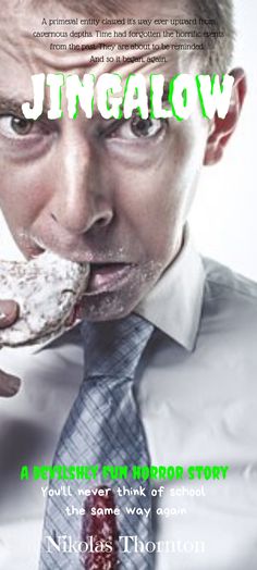 a man eating a doughnut while wearing a tie and white shirt with green lettering on it