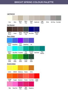 the color chart for bright spring's palettes, with different shades and colors