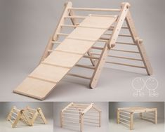 there is a wooden slide with steps to the top and bottom, along with four different angles