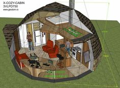 the inside of a small round house that is cut into two sections and labeled with measurements