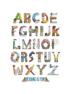 a poster with the words reading is fun written in different colors and letters on it