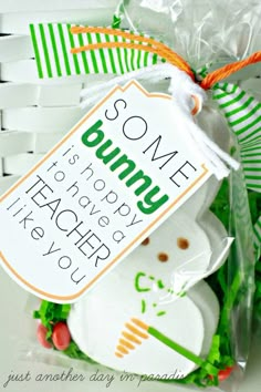 some bunny shaped cookies are wrapped in plastic and tied to a bag with orange ribbon