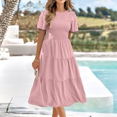 Mifelio Spring Summer Dresses For Women 2024 Women's Summer Casual Flutter Short Sleeve V Neck Smocked Elastic Waist Tiered Midi Dress Sundresses For Women, Womens Dresses Pink Material: This Dresses Is Made Of Polyester.Soft, Breathable, Skin Friendly, Stretchy, Lightweight, Not See Through, Comfy To Wear And Touch. Dimension: Please Refer To Our Size Table Before You Purchase Our Products, And Our Sizes Are All Asian Size. If You Are Not Sure About The Size, Please Contact Us. We Are Happy To Solid Ruched Tiered Midi Dress, Ruched Tiered Midi Dress, Spring Midi Dress With Flutter Sleeves In Solid Color, Solid Color Ruched Midi Dress With Flutter Sleeves, Casual Solid Color Tiered Midi Dress, Casual Ruched Dress With Flutter Sleeves, Casual Dress With Ruched Detail And Flutter Sleeve, Casual Solid Midi Dress With Ruffles, Casual Pleated Tiered Midi Dress