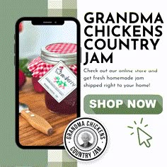 an advertisement for grandma chicken's country jam on the phone and in front of it is a jar of pickles