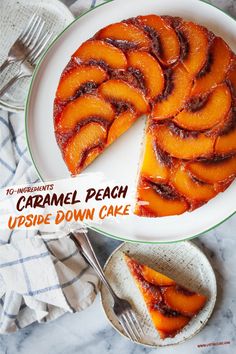 a cake that has been cut into slices and is on a plate with the words caramel peach upside down cake