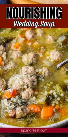 a bowl filled with meatballs and rice soup