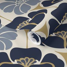 an artistic floral wallpaper with blue, pink and gold flowers on it's surface