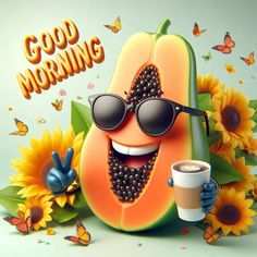 a papaya with sunglasses holding a cup of coffee in front of sunflowers