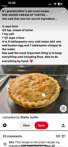 an app that is showing the recipe for pies