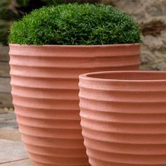 two large clay planters sitting next to each other