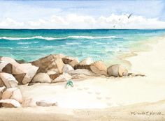 a watercolor painting of a beach with rocks and seagulls in the background