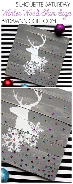 the silhouette of a deer with snowflakes on it is shown in two different ways