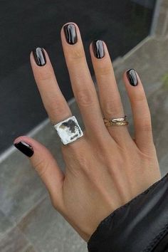 Midnight Chrome Short Nails Metallic Gel Nails Short, Midnight Chrome Nails, Short Chrome Nails Fall, Black Polish With Chrome, Grey With Chrome Nails, Short Sns Nails Fall, Black Chrome Dip Powder Nails, Charcoal Grey Chrome Nails, Short Nail Colour Ideas