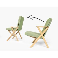 two green chairs with wooden legs and one has an arrow pointing to the other chair