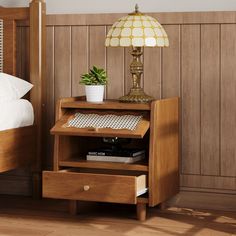 a night stand with two drawers and a lamp on the end table next to it