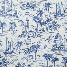 a blue and white wallpaper with sailboats, palm trees, and lighthouses