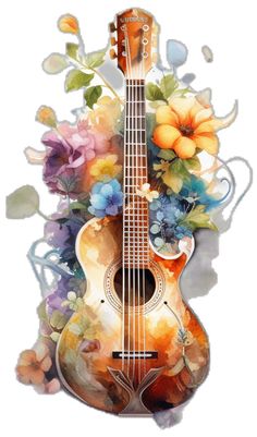 an acoustic guitar with flowers and leaves painted on the front, as if it were watercolor