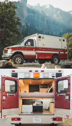 an ambulance is parked in front of a mountain