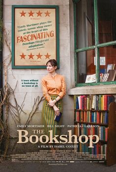 a movie poster for the book shop with a woman leaning against a bookshelf