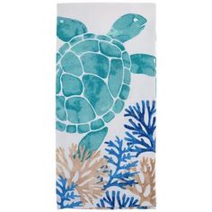 a towel with an image of a turtle and corals on the bottom of it