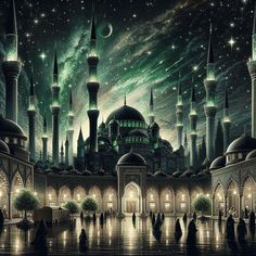 an artistic painting of a night scene with stars and lights in the sky over a mosque