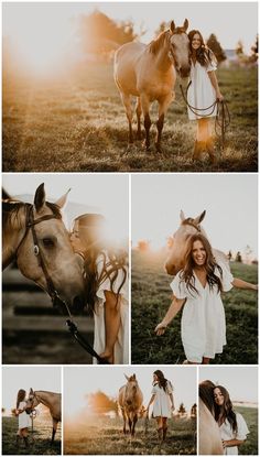 a woman standing next to a horse in a field