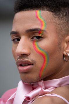 Pride Makeup For Men, Men’s Pride Makeup, Pride Facepainting, Lgbtq Face Paint, Male Pride Makeup, Mens Pride Makeup, Masc Pride Makeup, Disco Face Paint, Pride Diy Outfits